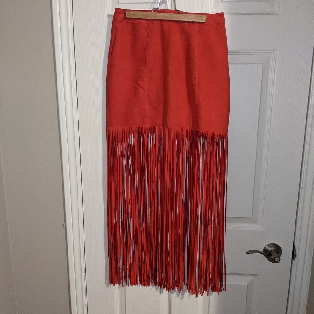 Faux suede fringe skirt
